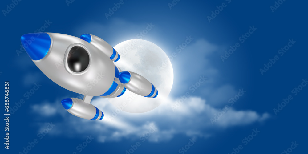 3d realistic Rocket or spaceship flies in space, moon and clouds on background. Start up, launch new project, business challenge or achievement concept. Vector illustration. 3d realistic Rocket or spaceship flies in space, moon and clouds on background. Start up, launch new project, business challenge or achievement concept. Vector illustration.