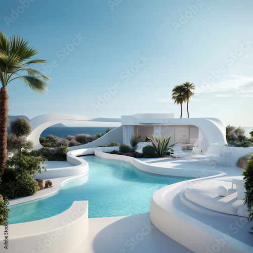 Futuristic house built on tropical island  desert island  future architecture  house design  home  palm trees 