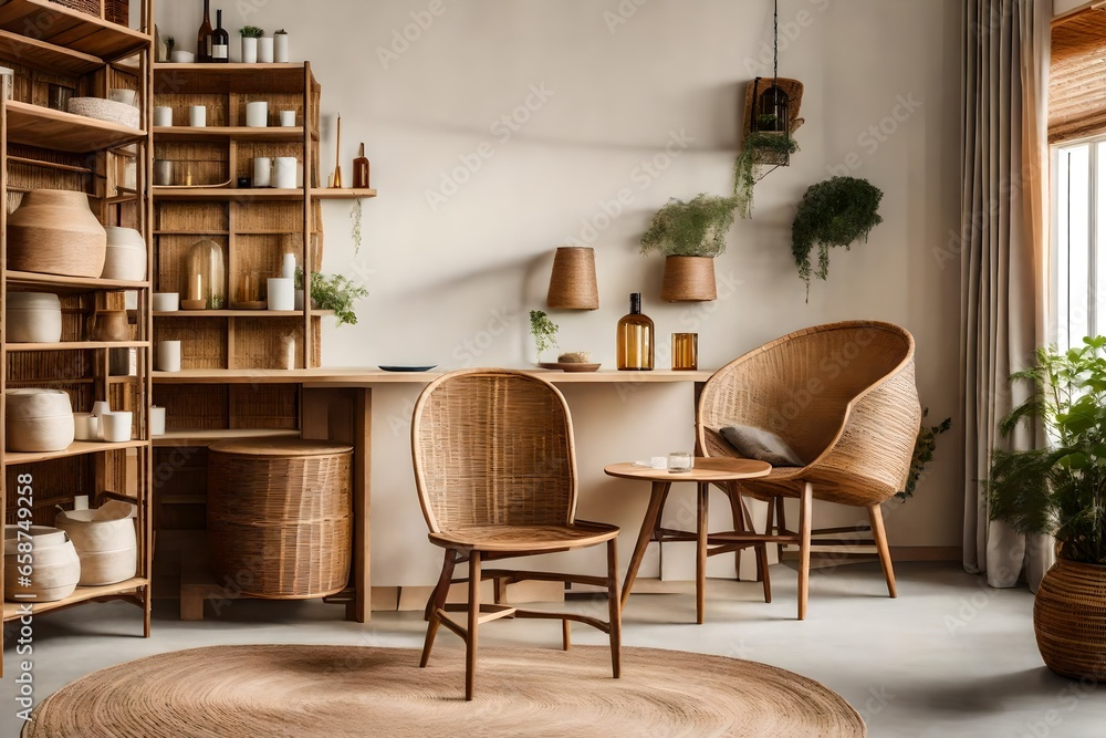 Barrel and Wicker Chair Ensemble Set Against a Cream Wall with Integrated Shelving. An In-Depth Look at the Modern Scandinavian Living Room Aesthetic.