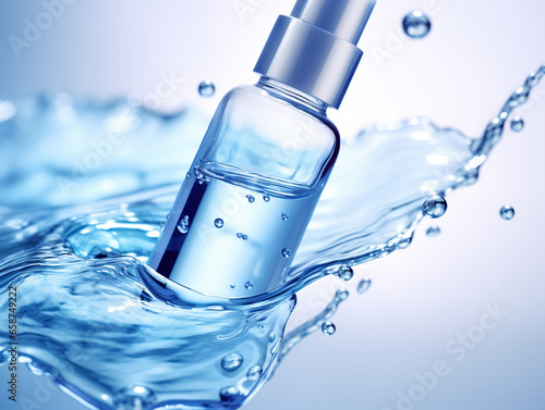 Liquid blue hydrating serum in glass bottle