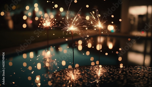 Happy New Year, Glittering burning sparkler with swimming pool bokeh light background, new year count down, Birthday party and celebration. photo