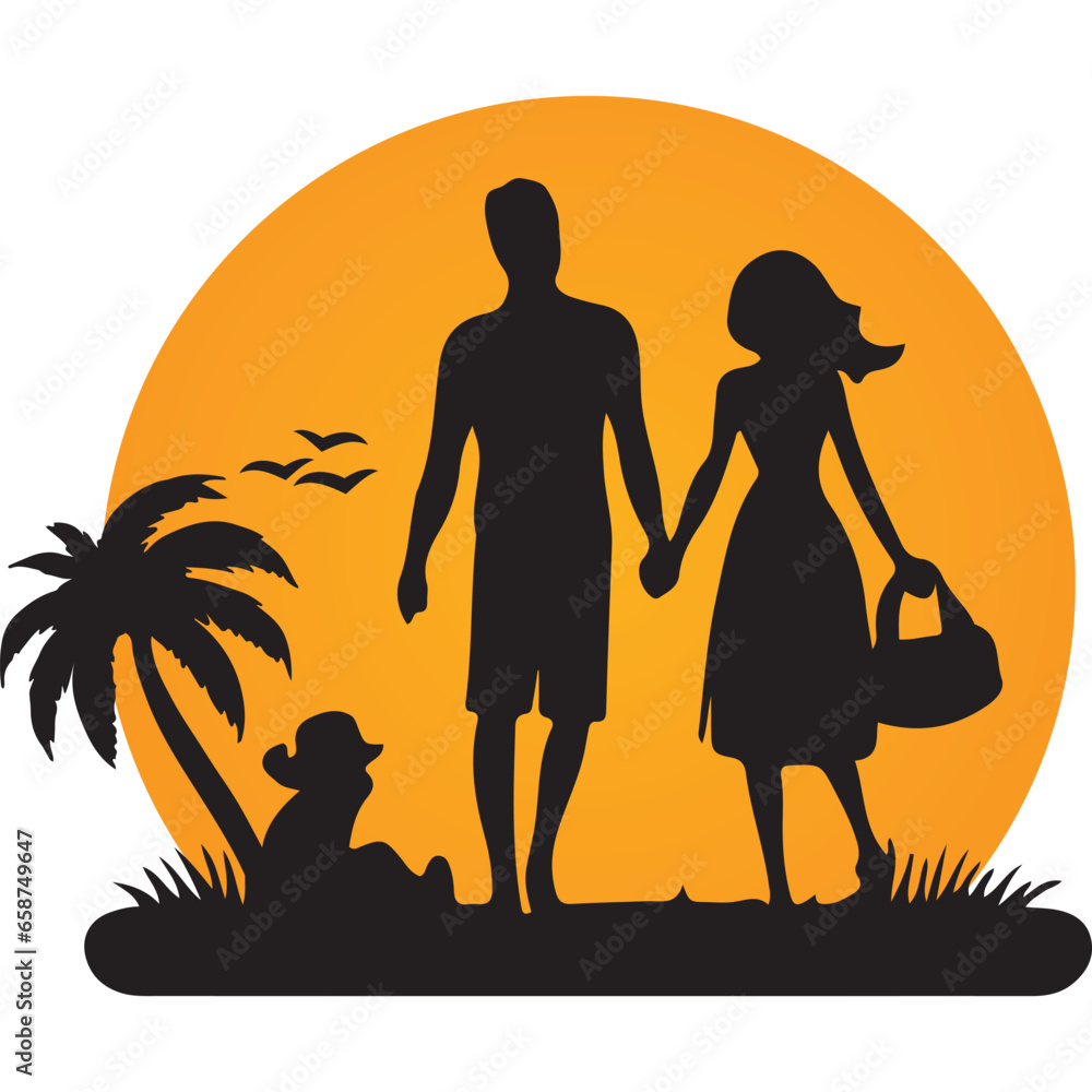 Couple walking on the beach silhouette