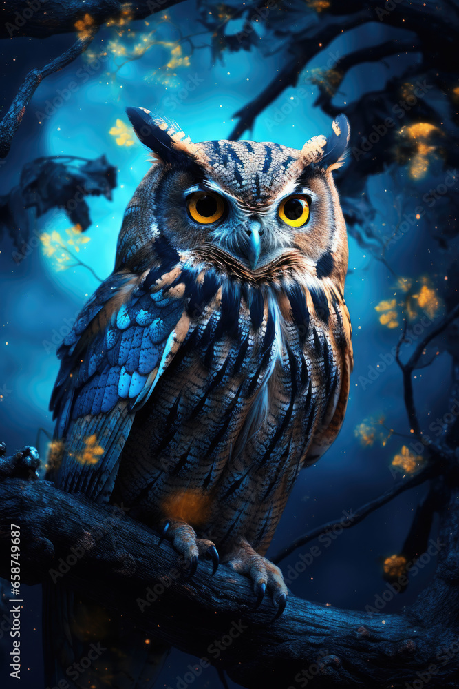 Beautiful magical owl on a magical glowing night background.Wallpaper. Fairytale card. Beautiful magical owl on a magical glowing night background.Wallpaper. Fairytale card.