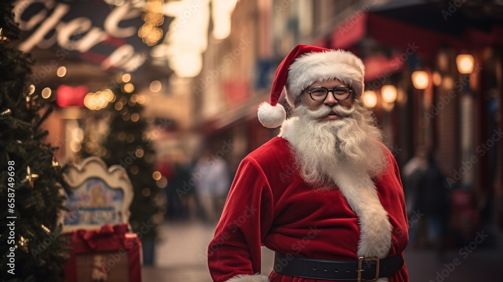 A Photograph of a mischievous Santa Claus, wearing stylish glasses, confidently posing with hilarious tourist signs amidst a whimsical December surprise