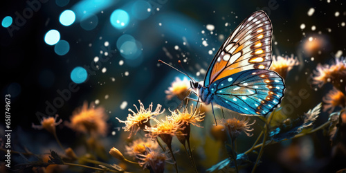 Beautiful glowing magical multi-colored butterfly on beautiful flowers. Fantasy. Animal Protection Day concept. Banner © syhin_stas