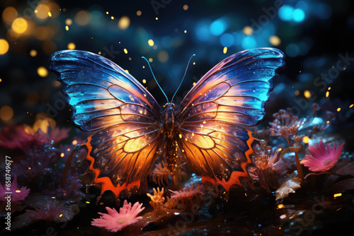 Beautiful glowing magical multi-colored butterfly on beautiful flowers. Fantasy. Animal Protection Day concept.