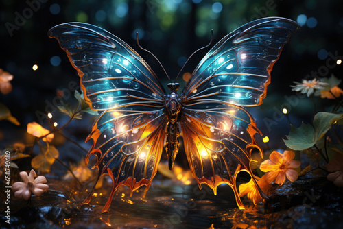 Beautiful glowing magical multi-colored butterfly on beautiful flowers. Fantasy. Animal Protection Day concept.