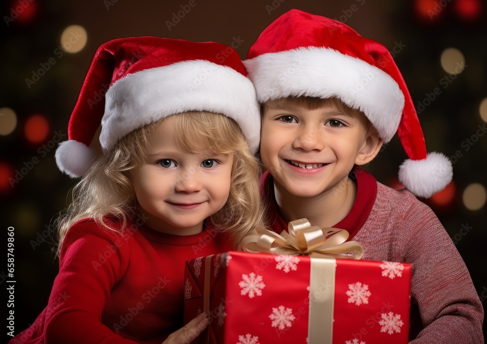 Children holding Christmas presents smiling happily Children holding Christmas presents smiling happily