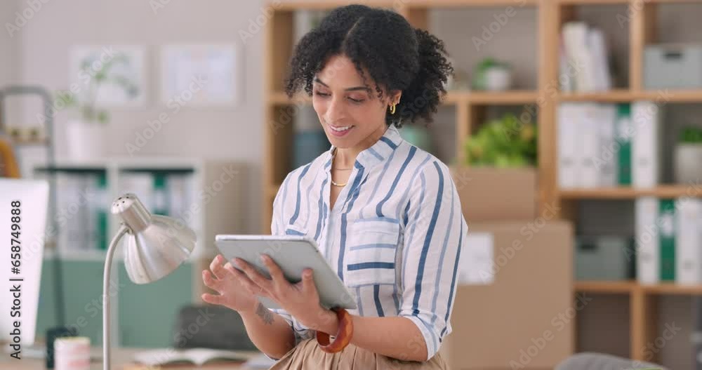 Woman, office and tablet for e commerce, fashion and stock supplier management or online shop planning. Happy startup, small business or african designer on digital technology, sales or website order Woman, office and tablet for e commerce, fashion and stock supplier management or online shop planning. Happy startup, small business or african designer on digital technology, sales or website order