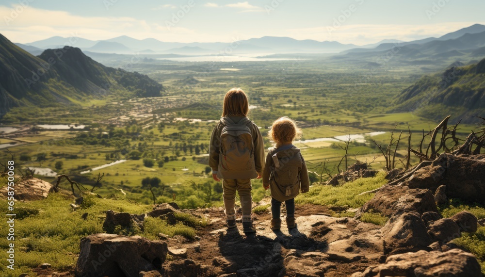 Obraz premium Toddlers hiking by the Theme park overlooking. Fun tones