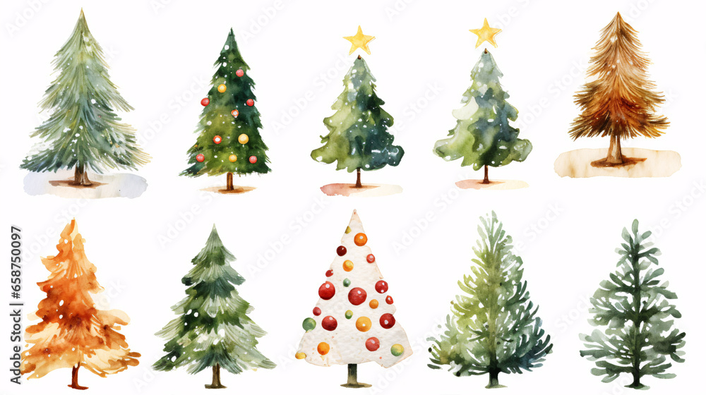 Set of watercolor cartoon christmas trees with decorations. Hand drawn illustration isolated on white background