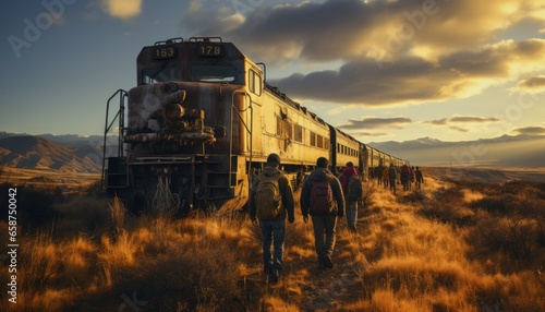 Trainspotters hiking by the Rail yard overlooking. Mechanical tones