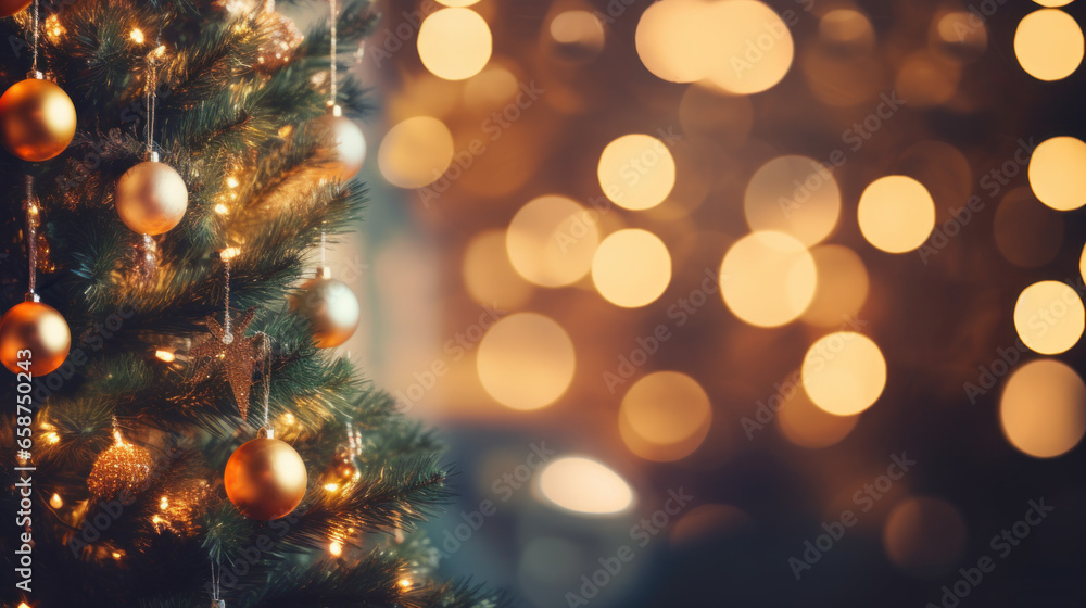 decorated Christmas Tree. Xmas tree. With gold and red Baubles And Blurred Shiny Lights decorated Christmas Tree. Xmas tree. With gold and red Baubles And Blurred Shiny Lights