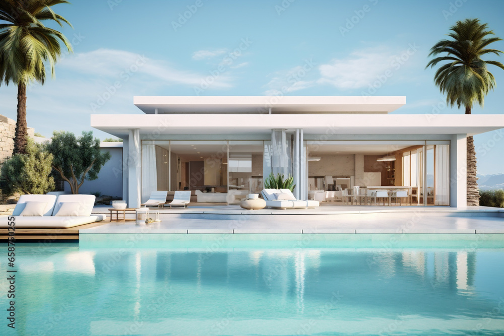Luxury beach house with swimming pool and terrace in modern design. 