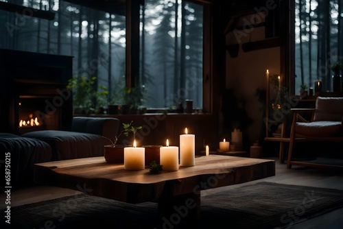 interplay of minimalist aesthetics and raw  natural beauty in a forest farmhouse s living room  anchored by a live-edge wooden coffee table bathed in soft candlelight.