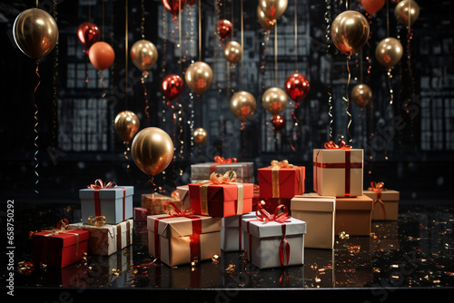 shot of New Year's gifts floating against a backdrop of celebratory decorations, capturing the whimsy and anticipation of surprises during the holiday season.
