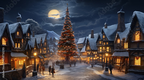 Christmas village with Christmas tree. Winter snowy small cozy street with lights in houses. Winter holidays night time backdrop. Merry Christmas vintage retro illustration background.