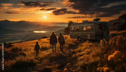 Family hiking by the RV overlooking. Road trip tones #658750295