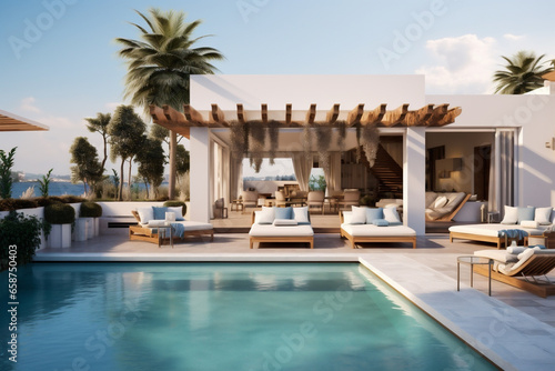 Luxurious decor house with huge swimming pool and biocimlatic pergola. 