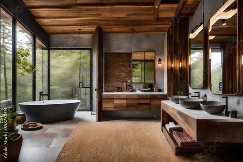 "Incorporate sustainable materials into a rustic bathroom design for an environmentally conscious space.