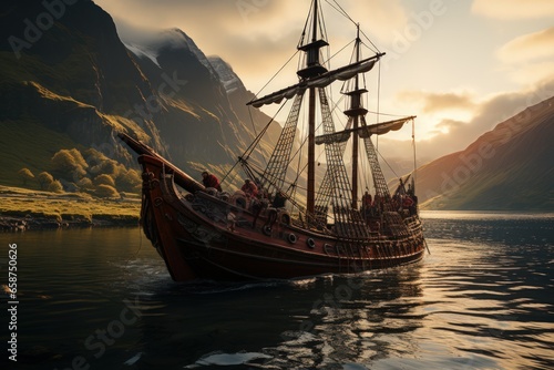 viking ship in a fjord landscape. green lush vegetation nautre