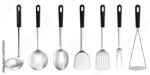Set of kitchen cooking utensils such as soup ladles and slotted spoons, kitchen Spatula, Potato Masher, Skimmer Spoon, meat fork, 3d realistic mockup vector illustration isolated on white background. photo