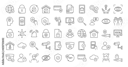 Security and protection line icons set. Password, shield, lock, camera, video surveillance, key, fingerprint, security. Isolated on a white background. Vector stock illustration.
