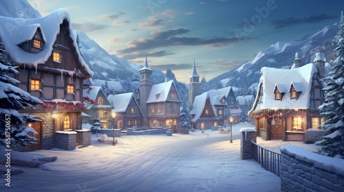 A realistic painting of a snowy Christmas village free spaace. photo