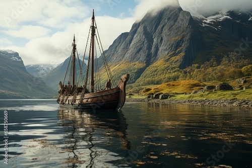 viking ship in a fjord landscape. green lush vegetation nautre