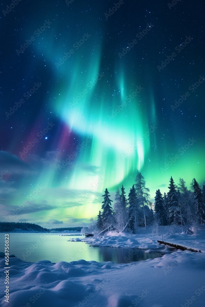 Winter night landscape with northern lights in the forest on the lake shore. Aurora Borealis.