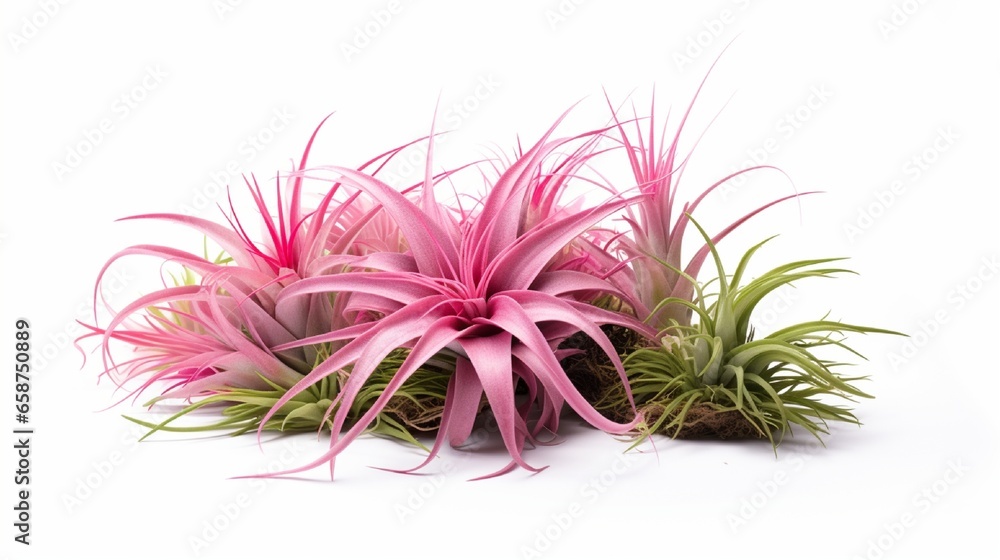 Pink flowering tillandsia plant isolated on white background. Tillandsia are low-maintenance decorative plants that don't need soil; instead, they just need a lot of water, sunlight Pink flowering tillandsia plant isolated on white background. Tillandsia are low-maintenance decorative plants that don't need soil; instead, they just need a lot of water, sunlight