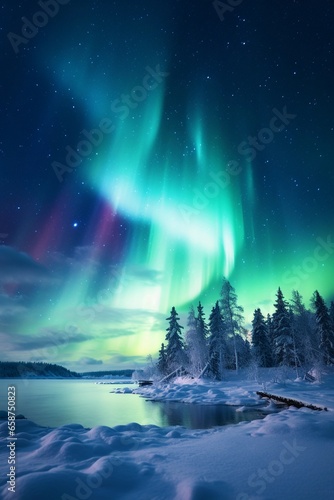 Winter night landscape with northern lights in the forest on the lake shore. Aurora Borealis.