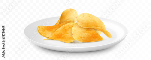 Potato chips on white ceramic plate isolated on white background. Junk food for restaurant menu. Fried potatoes unhealthy fast food. Realistic 3D vector illustration.