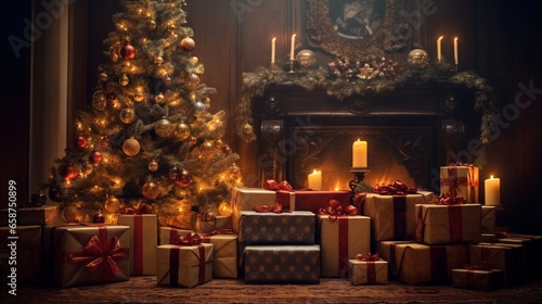 A Photograph Softly lit, with warm hues, capture the elegance of Christmas gift boxes nestled near a majestic fir tree