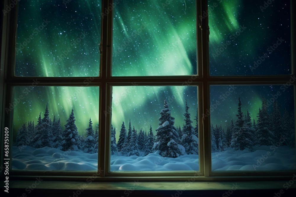 View of the northern lights in the winter forest from the house window. Aurora Borealis. View of the northern lights in the winter forest from the house window. Aurora Borealis.