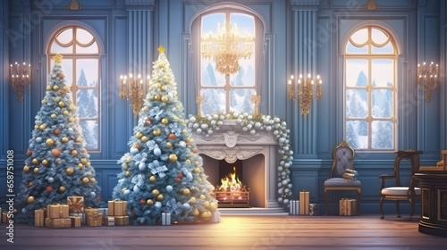 Classic interior with Christmas tree and fireplace.