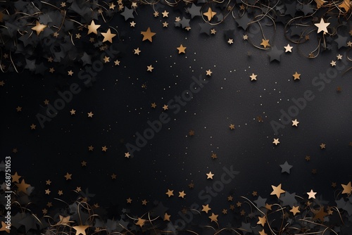 Abstract festive dark background with gold and black stars. New year, birthday, holidays celebration. photo