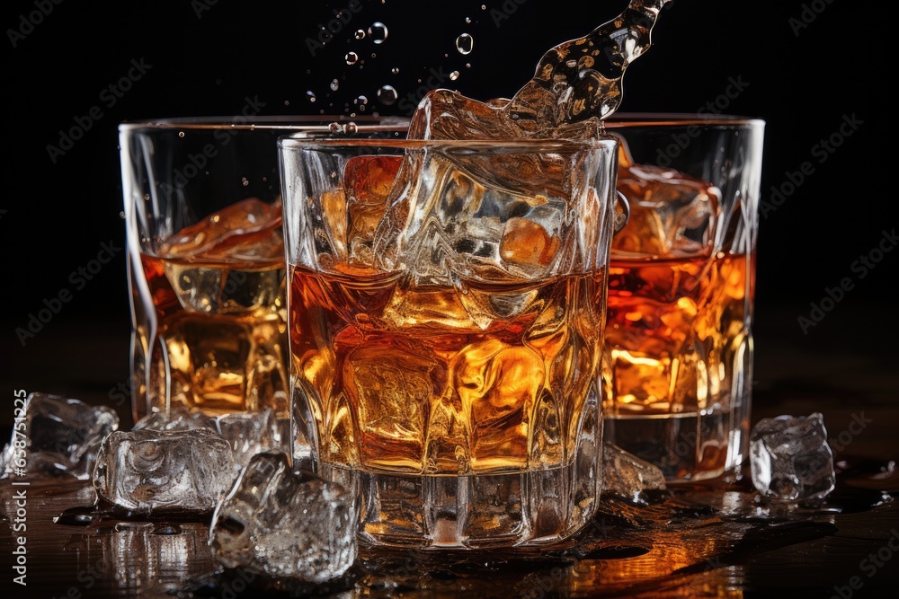 Splashing Whiskey over ice cubes. Splashing Whiskey over ice cubes.