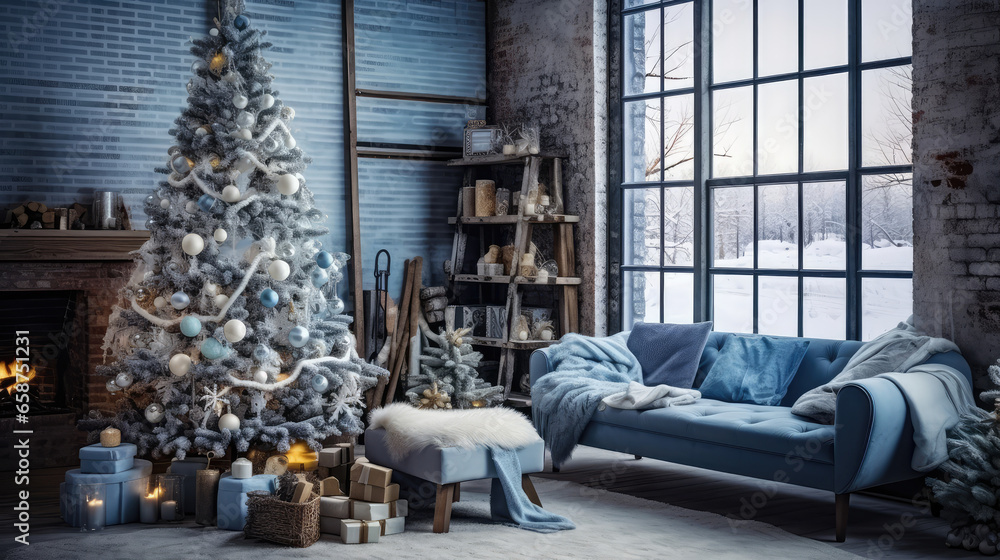 Christmas living room interior with decorated Christmas tree and blue sofa.