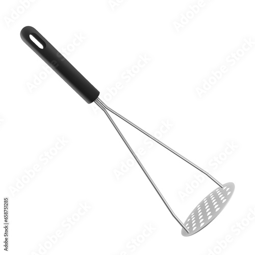 Stainless Steel Potato Masher isolated on white background. A silver metal Potato Masher with black handle. Realistic 3D vector illustration. Kitchen utensils for cooking, tableware