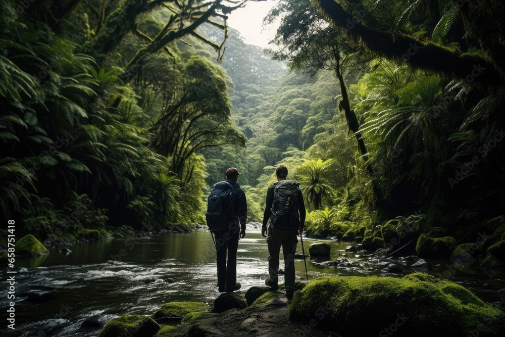Travelers in a dense forest, surrounded by greenery and a flowing river. Travelers in a dense forest, surrounded by greenery and a flowing river.