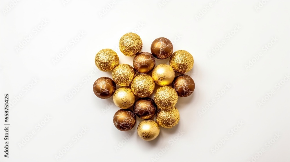 A sweet chocolate ball in top view, wrapped in gold foil and set on a white background. A sweet chocolate ball in top view, wrapped in gold foil and set on a white background.