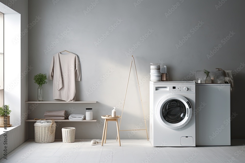 Modern laundry room in a clean house with modern machines for home cleaning and washing. - obrazy, fototapety, plakaty 