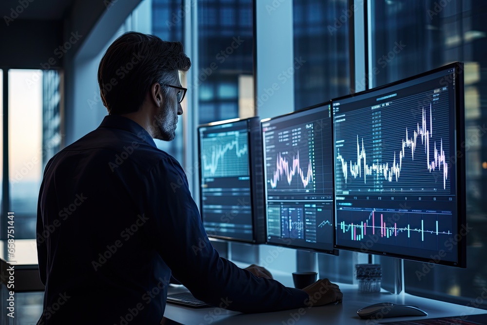 Fototapeta premium A businessman in a modern office analyzes financial data, stock market trends and investment strategies using computer monitors and graphs on their screens.