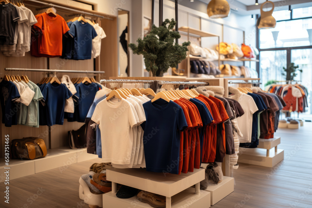 Inside a modern clothing store with a variety of fashionable children's clothing displayed for sale in a commercial setting. - obrazy, fototapety, plakaty 