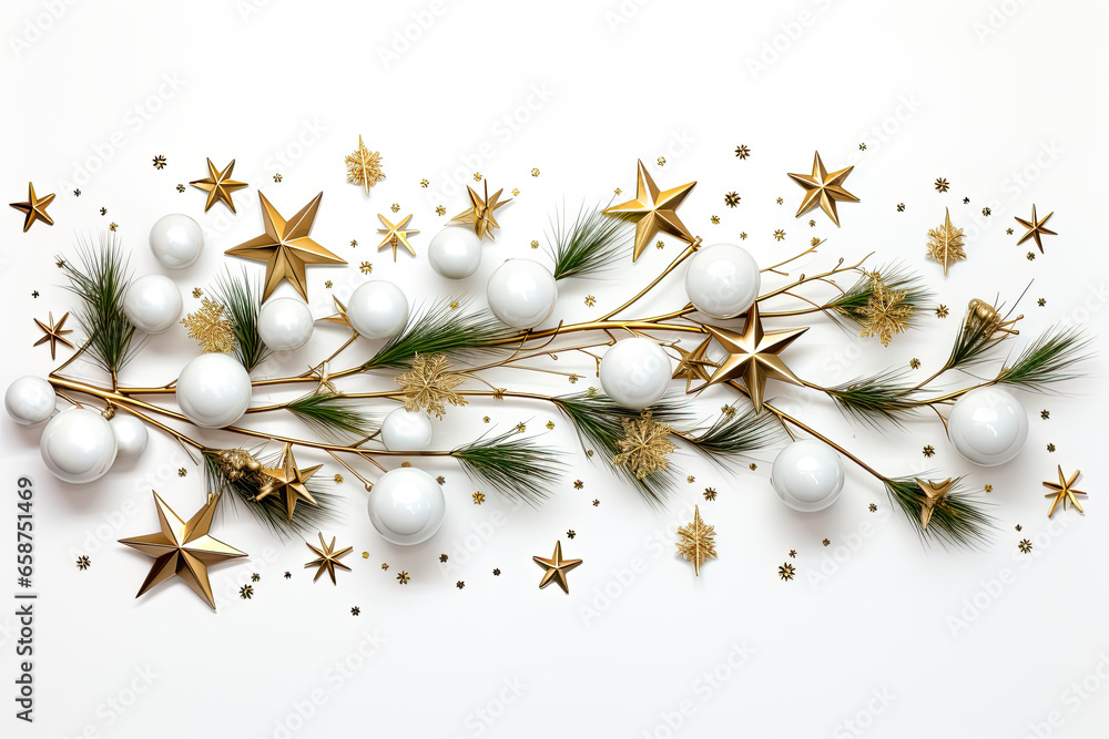 Festive Christmas card with holiday decorations including fir tree branches and balls on a white background.