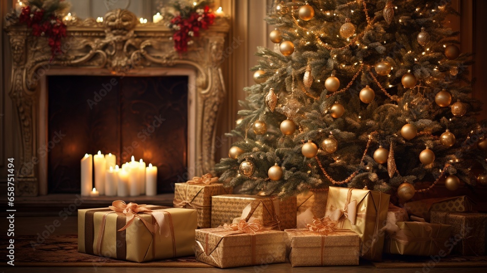 A Photograph Softly lit, with warm hues, capture the elegance of Christmas gift boxes nestled near a majestic fir tree A Photograph Softly lit, with warm hues, capture the elegance of Christmas gift boxes nestled near a majestic fir tree