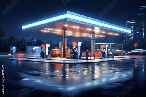 A well-lit fuel station at night serving vehicles and supplying the transportation industry.