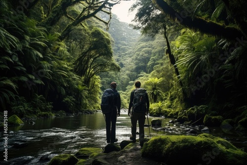 Travelers in a dense forest  surrounded by greenery and a flowing river.