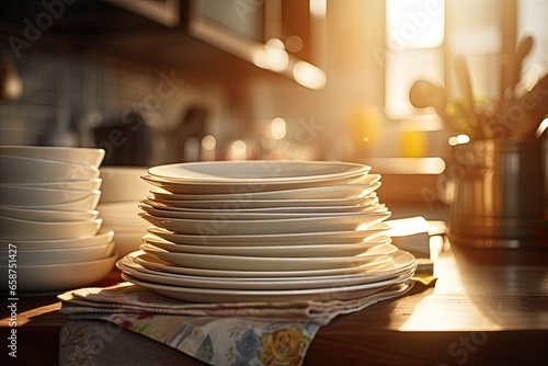 A clean and modern collection of ceramic plates, crockery and cutlery neatly stacked in a kitchen setting. photo